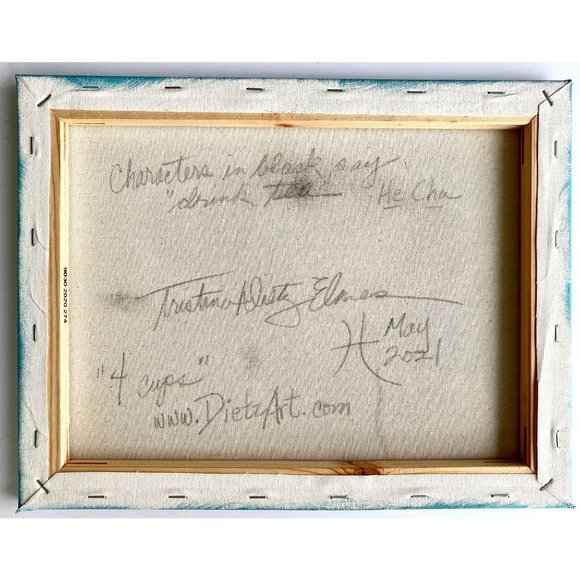 4 Cups (Drink Tea) - Original Wall Art Mixed Media Asian Fusion Painting 11"x14" - Picture 8 of 8